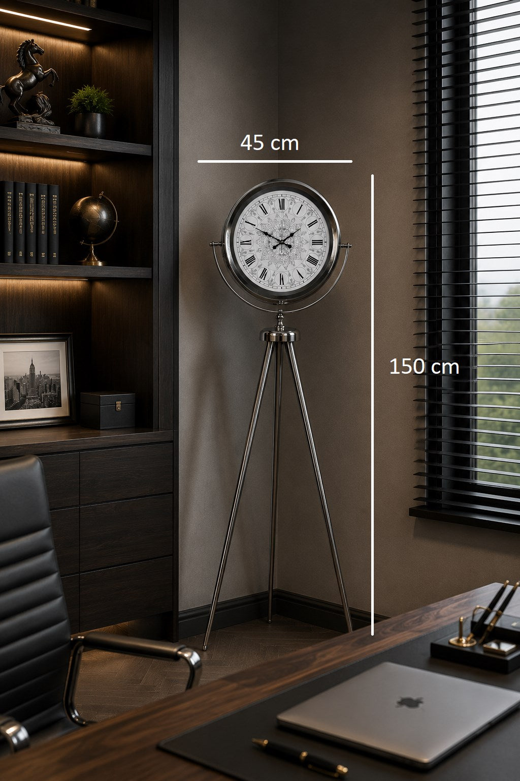Krom Motifli 150 x 45 Cm Metal Tripod Ayaklı Saat