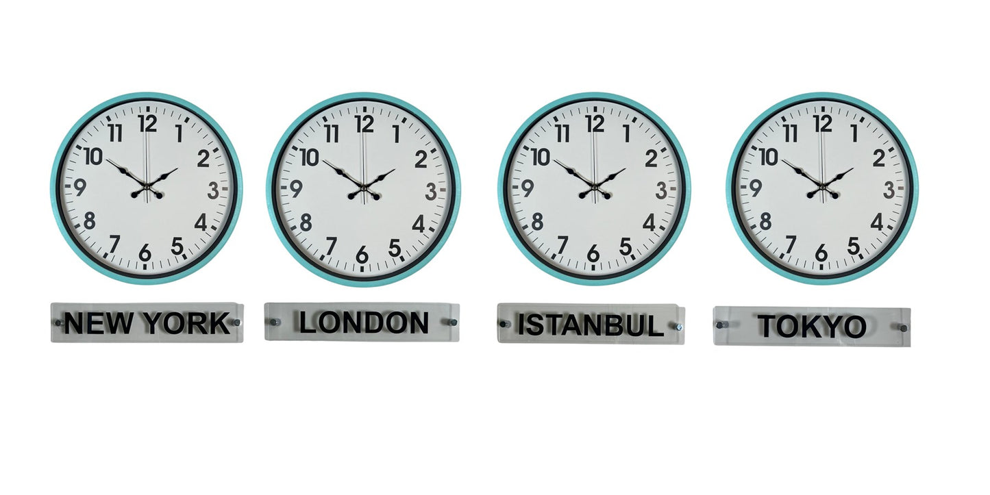 Turkuaz 36 Cm 4 lü Tabelalı Dünya Saatleri