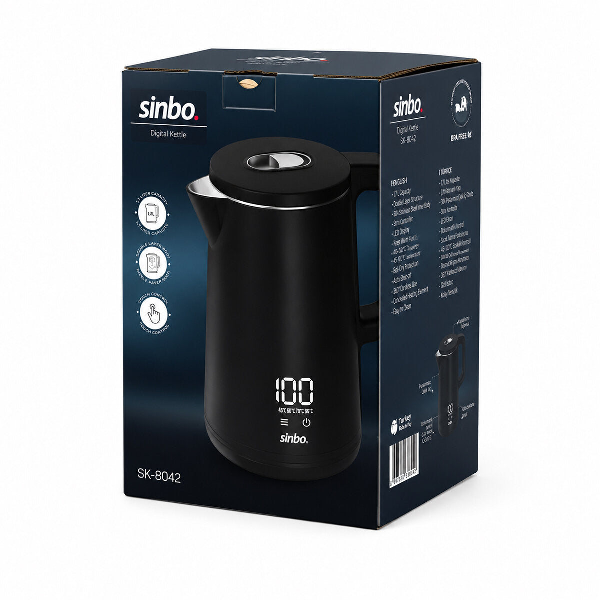 1.8L 1500W PLASTİK KAPAK - DOKUNMATİK EKRAN DİJİTAL KETTLE SU ISITICISI KABLOSUZ KULLANIM SK-8042 (5643)
