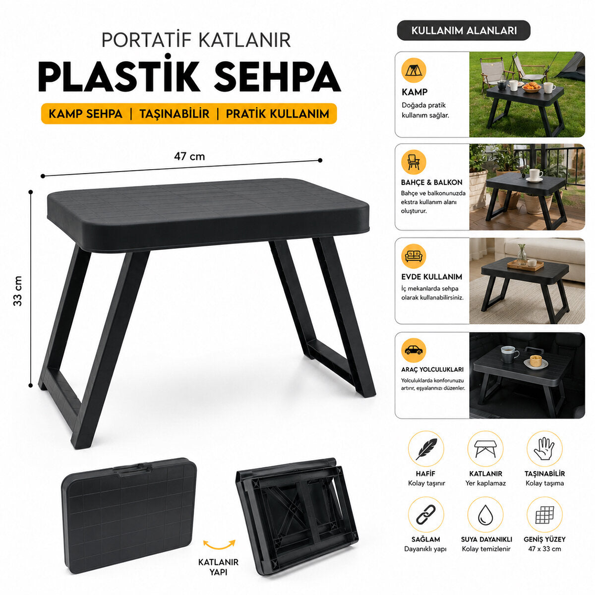 10 ADET KÜÇÜK= 47X33CM KAMP - PİKNİK MASASI SİYAH PLASTİK KATLANABİLİR AYAKLI=38CM (5643)