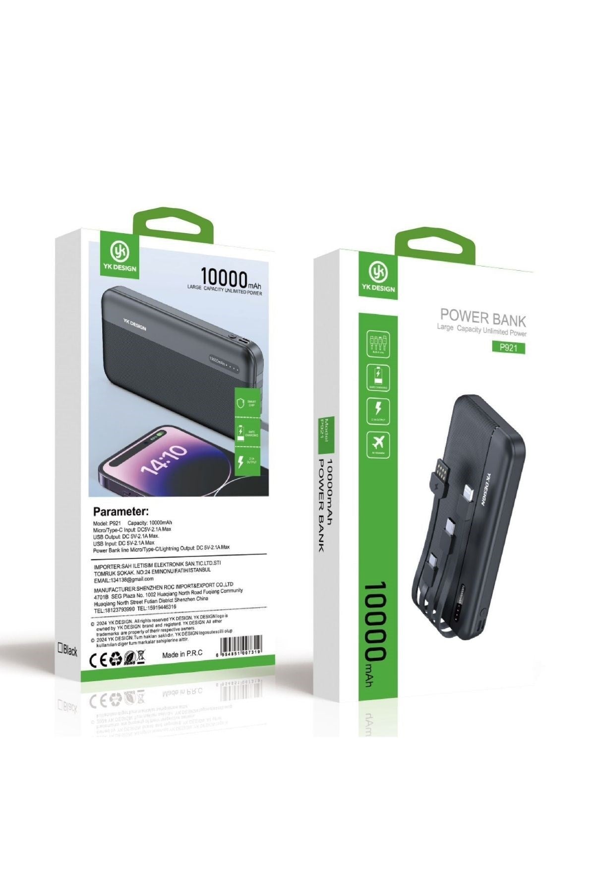 10000 mAh Micro Type-C USB Lightning 4 Kablolu Hızlı Kablosuz Şarj Powerbank (5643)