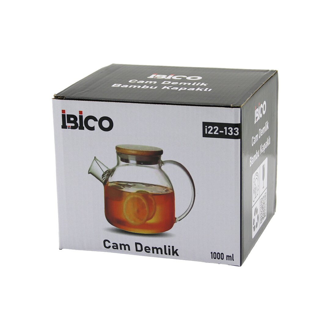 1000ML SADE DÜZ CAM DEMLİK BAMBU DIŞ YÜZEY - METAL İÇ YÜZEY - SİLİKON CONTALI KAPAK (5643)