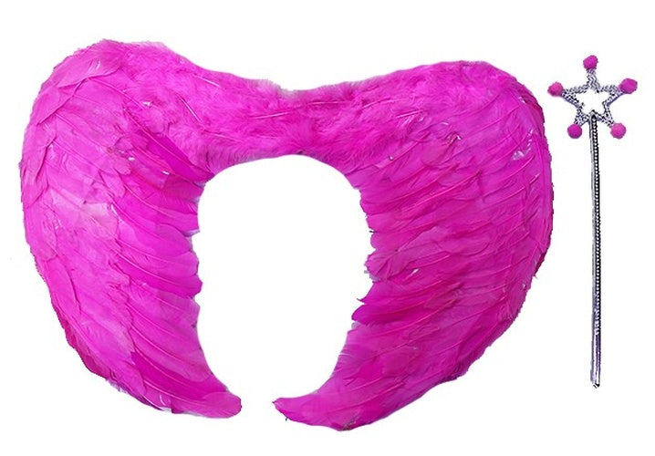 Gerçek Tüylü Katlanabilir Çocuk Pembe Melek Kanadı ve Asa Seti 40x55 cm (5643)
