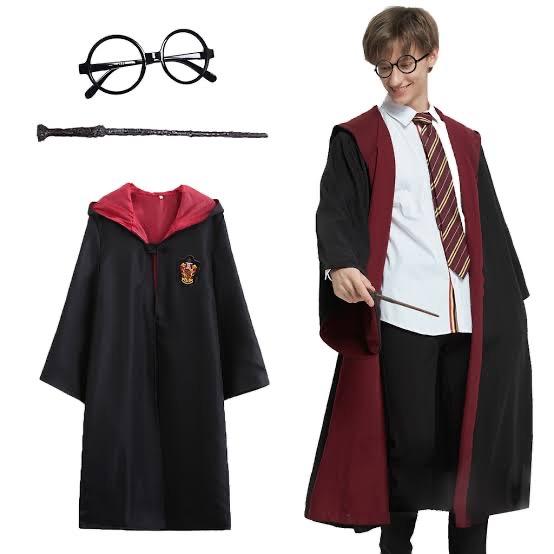 Harry Potter Gryffindor Kapişonlu Çocuk Kostüm + Asa + Gözlük Seti 7-8 Yaş (5643)