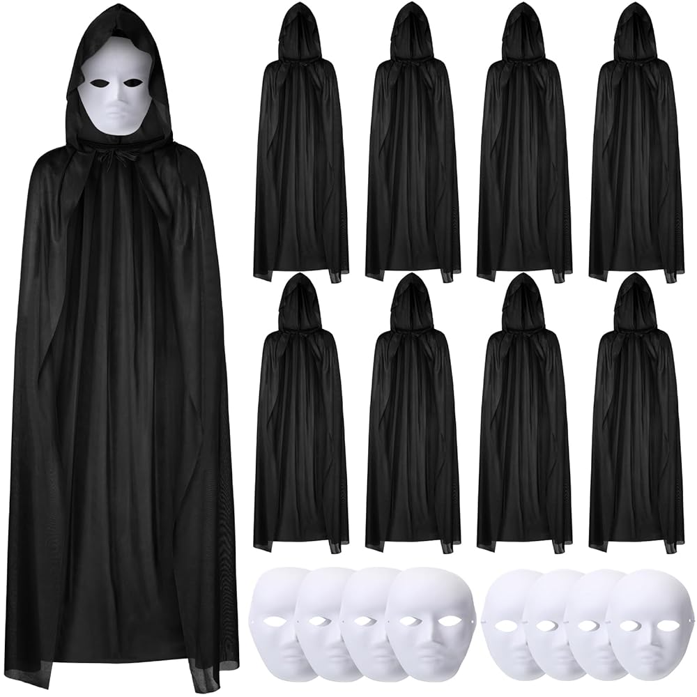120 cm Siyah Kapüşonlu Pelerin ve Boyanabilir Karton Maske 8’li Set (5643)