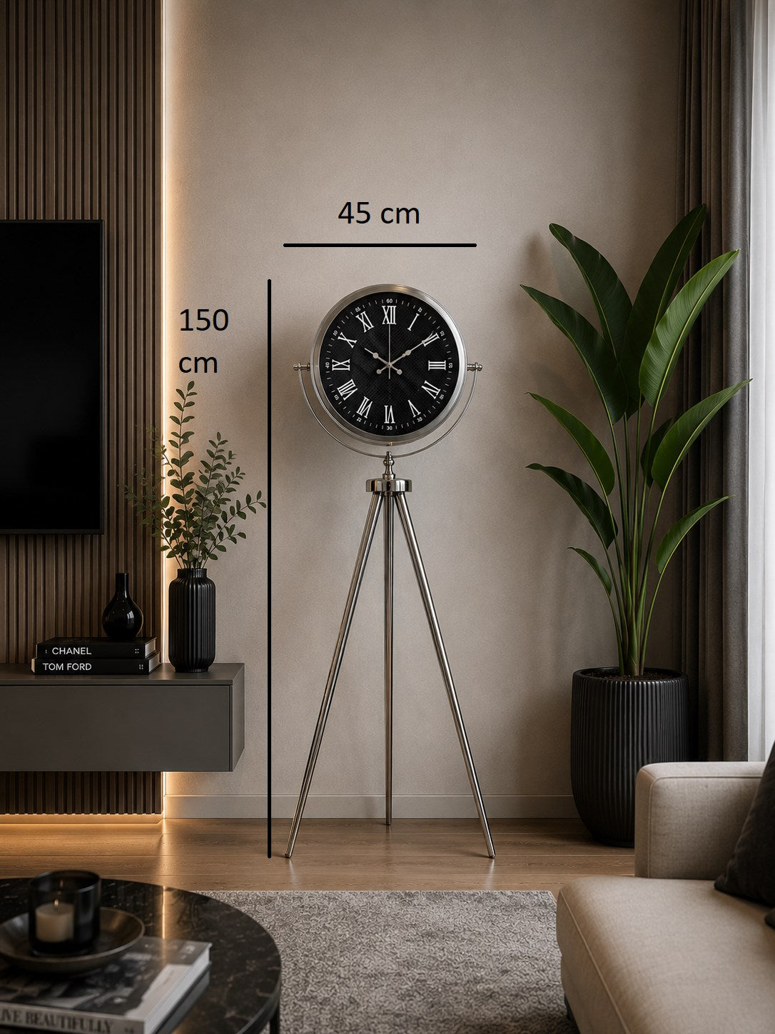 Krom Karbon 150 x 45 Cm Metal Tripod Ayaklı Saat