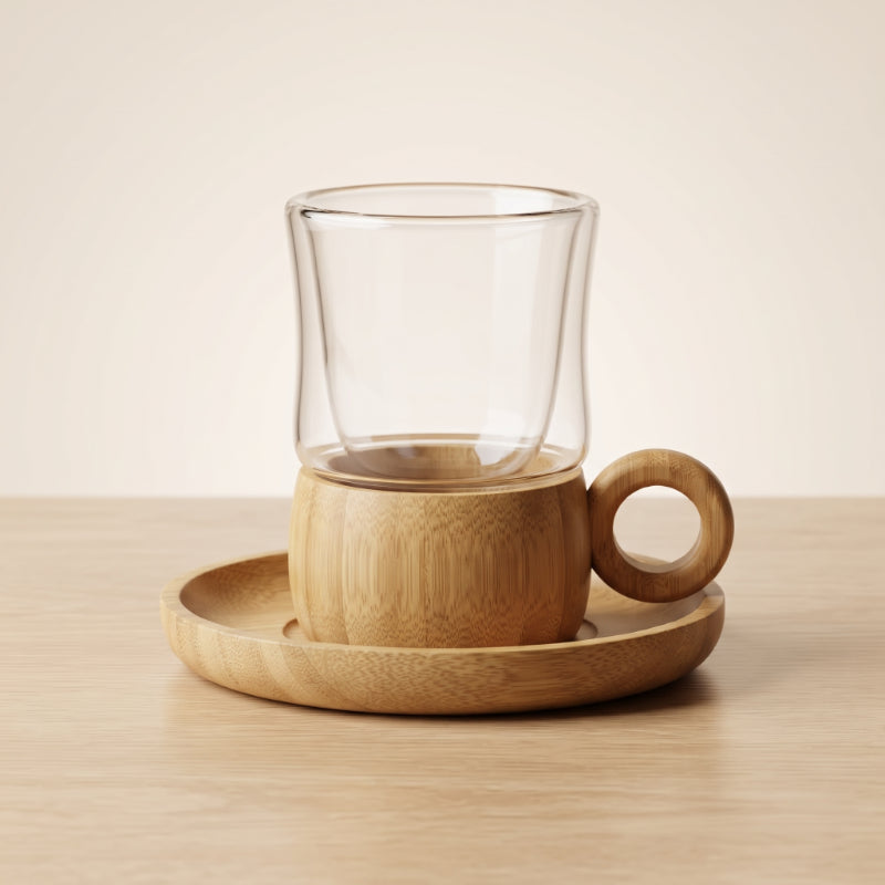 12 Parça Çay Seti - Bambu Bardak Altığı - Çift Cidarlı Cam - 150 ml
