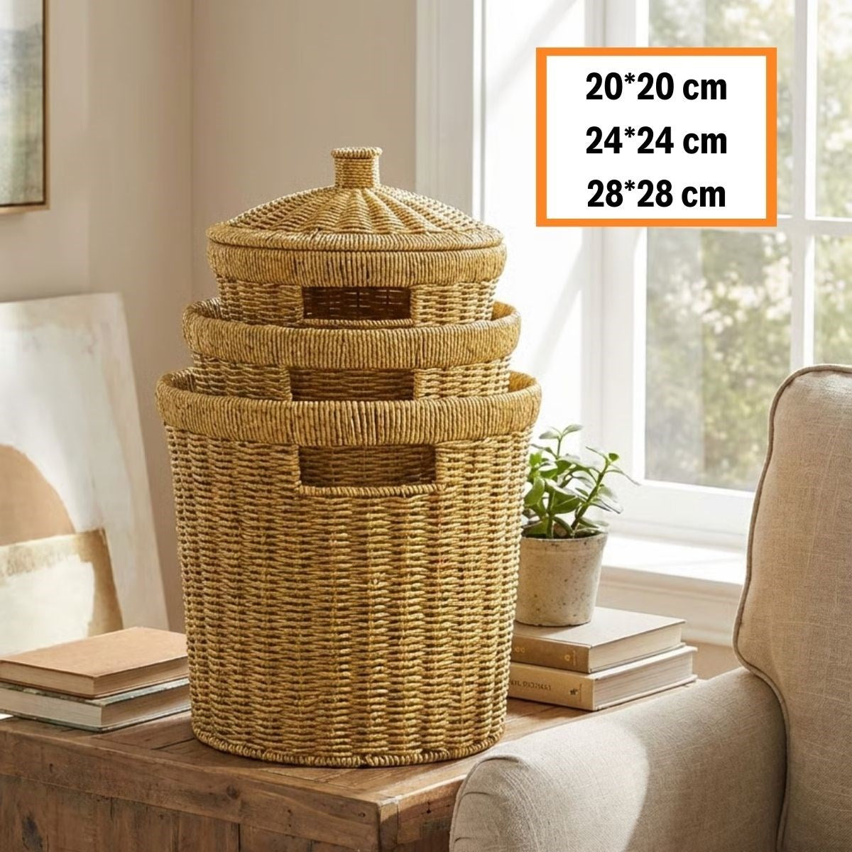 BUFFER® 3’lü İç İçe Geçebilen Büyük Plastik Rattan Hasır Sepet Seti-Dayanıklı Çok Amaçlı Ev,Banyo ve Mutfak Düzenleyici