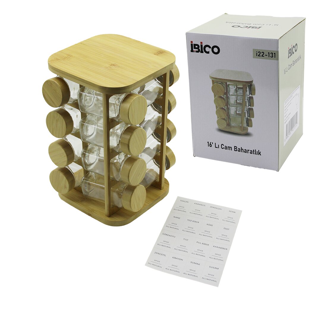 16PCS KARE - DÖNER STANDLI CAM - BAMBU KAPAK TUZLUK - BAHARATLIK BAMBU STAND (5643)