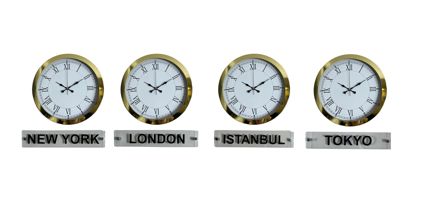 Gold Prestige 4’lü 36 Cm Metal Tabelalı Dünya Saat Seti