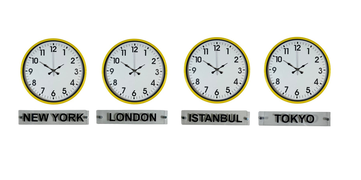 Sarı Enerji 36 Cm 4 lü Tabelalı Dünya Saat Seti