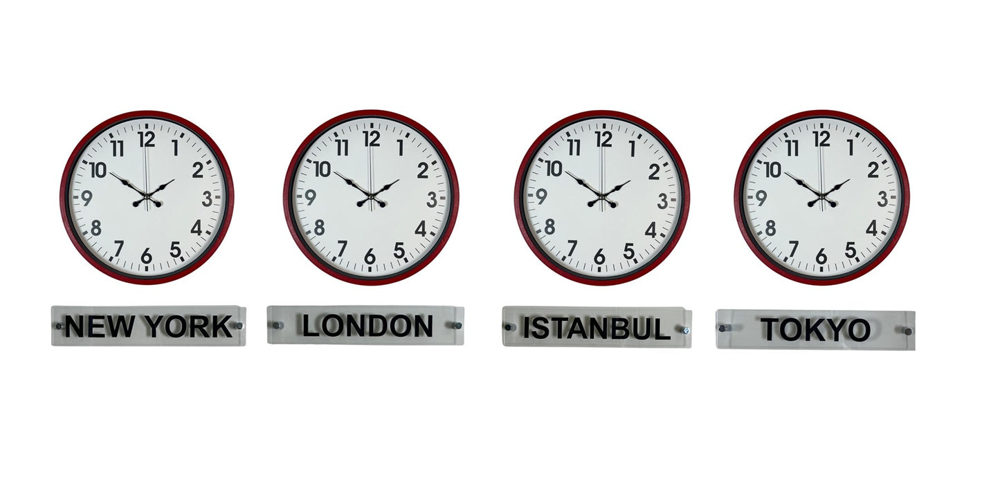 Kırmızı Seri 36 Cm 4 lü Tabelalı Dünya Saatleri