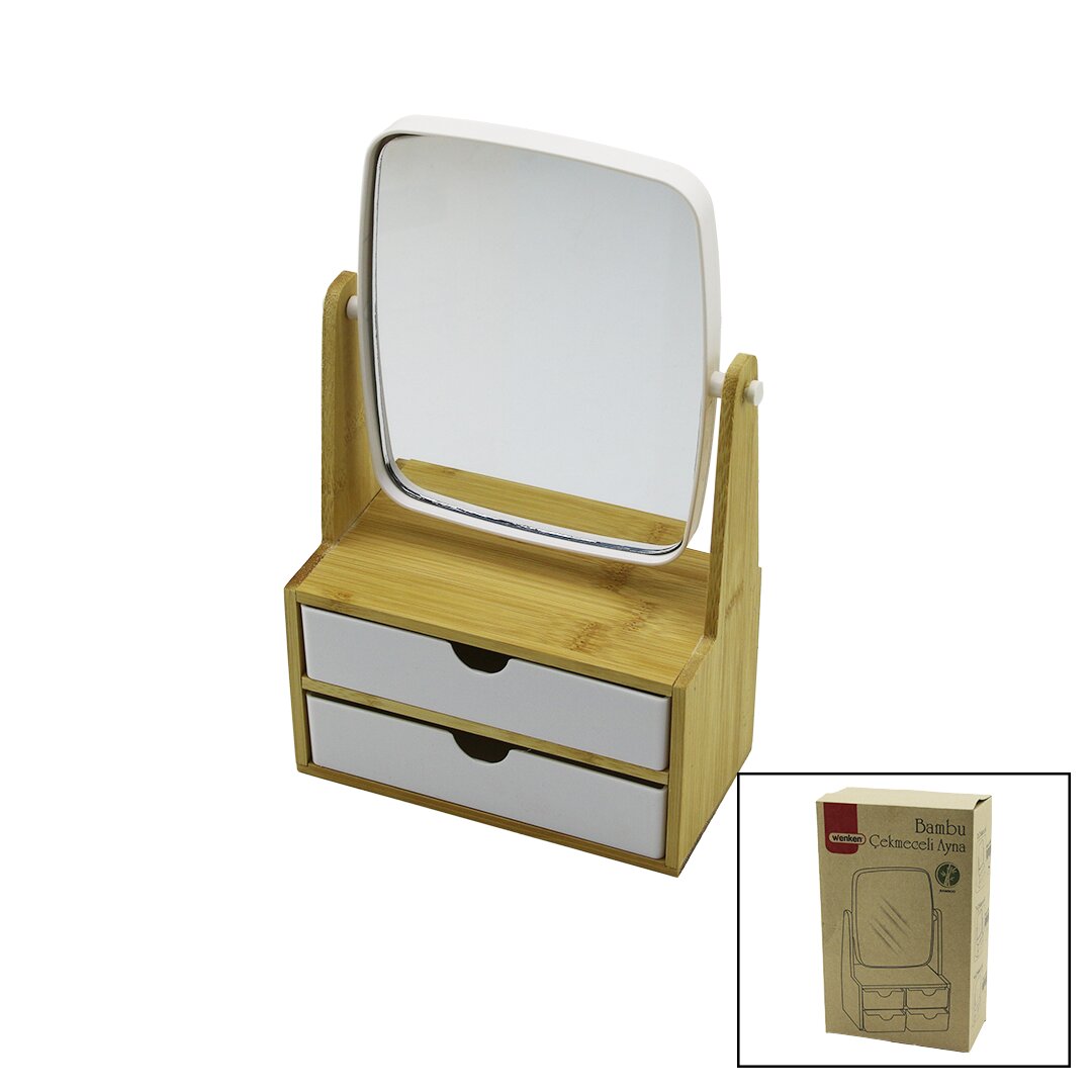2 ÇEKMECELİ BAMBU AHŞAP STANDLI=9X9.9X17.8X21.5CM MAKYAJ AYNASI=15X18CM TAKILIK 1+1 ORGANİZER (5643)