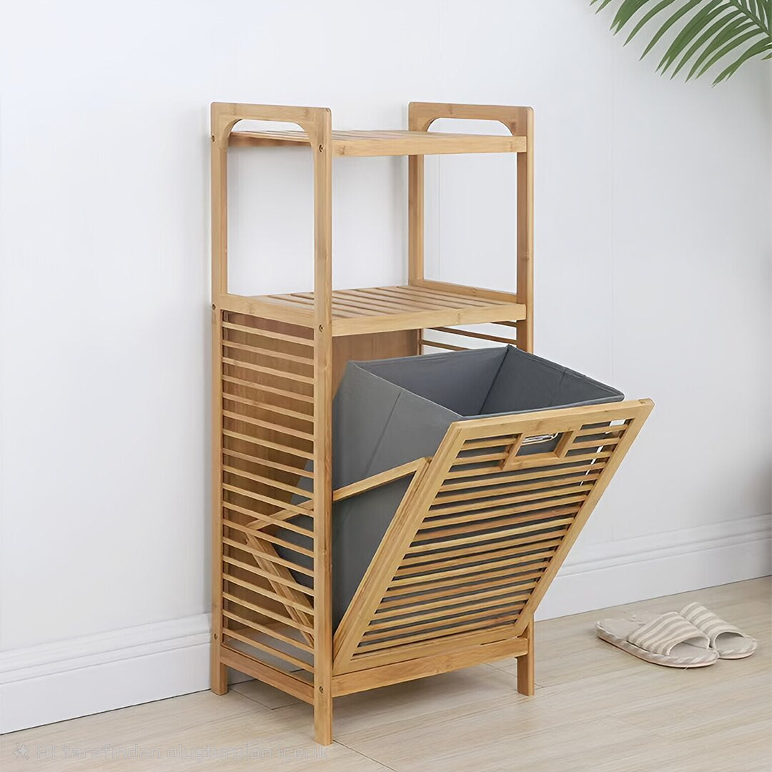 2 ORGANİZER RAFLI - ÇEK AÇ SEPET AHŞAP BAMBU KİRLİ ÇAMAŞIR SEPET 40X35X95CM (5643)