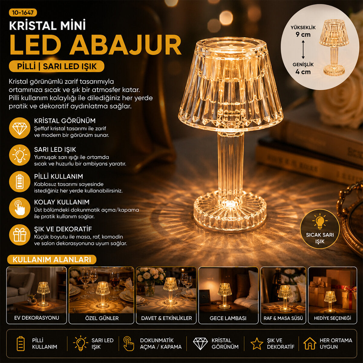 24 ADET KRİSTAL DAMLALI MUMLUK - MASA LAMBA ABAJUR MİNİ PİLLİ (5643)