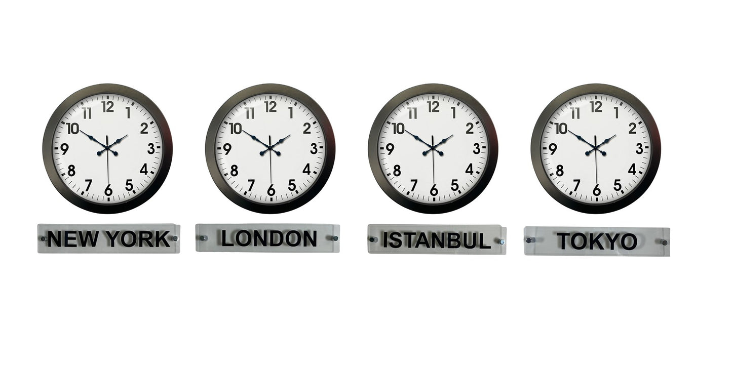 Siyah Prestij 36 Cm Metal Tabelalı Dünya Saatleri – 4’lü Siyah Set