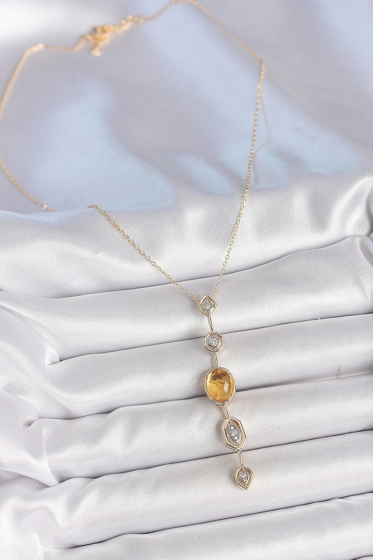 Pirinç Zincir Kehribar Sarı Gold Renk Zirkon Taşlı Y Kolye
