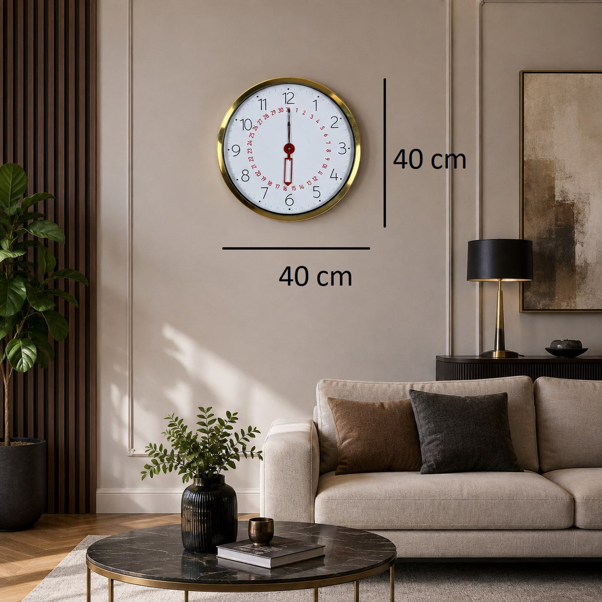 Gold Takvimli 40 x 40 Cm Metal Duvar Saati