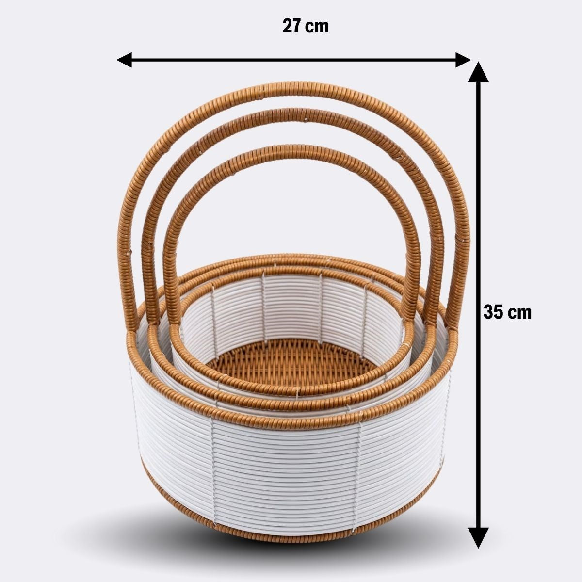 3 Boy İç İçe Geçebilen Plastik Rattan Sepetler–Beyaz Renkli,Kahverengi Saplı, Çok Amaçlı Düzenleyici ve Sunum Sepeti Seti (5643)