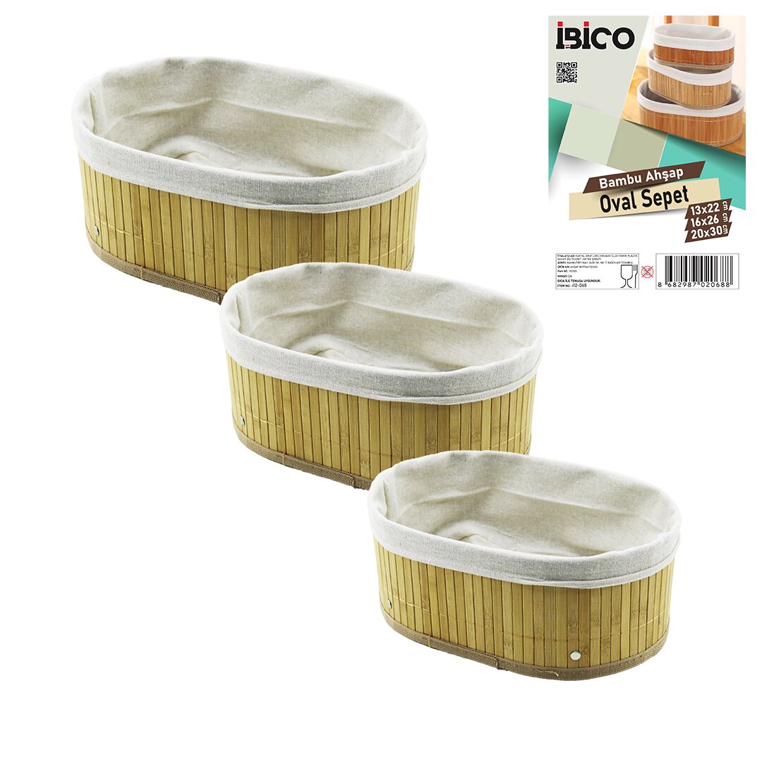 3 BOY OVAL BAMBU KENAR ORGANİZER SEPET AHŞAP ALTLIK - BEZLİ 13X22-16X26-20X30CM (5643)