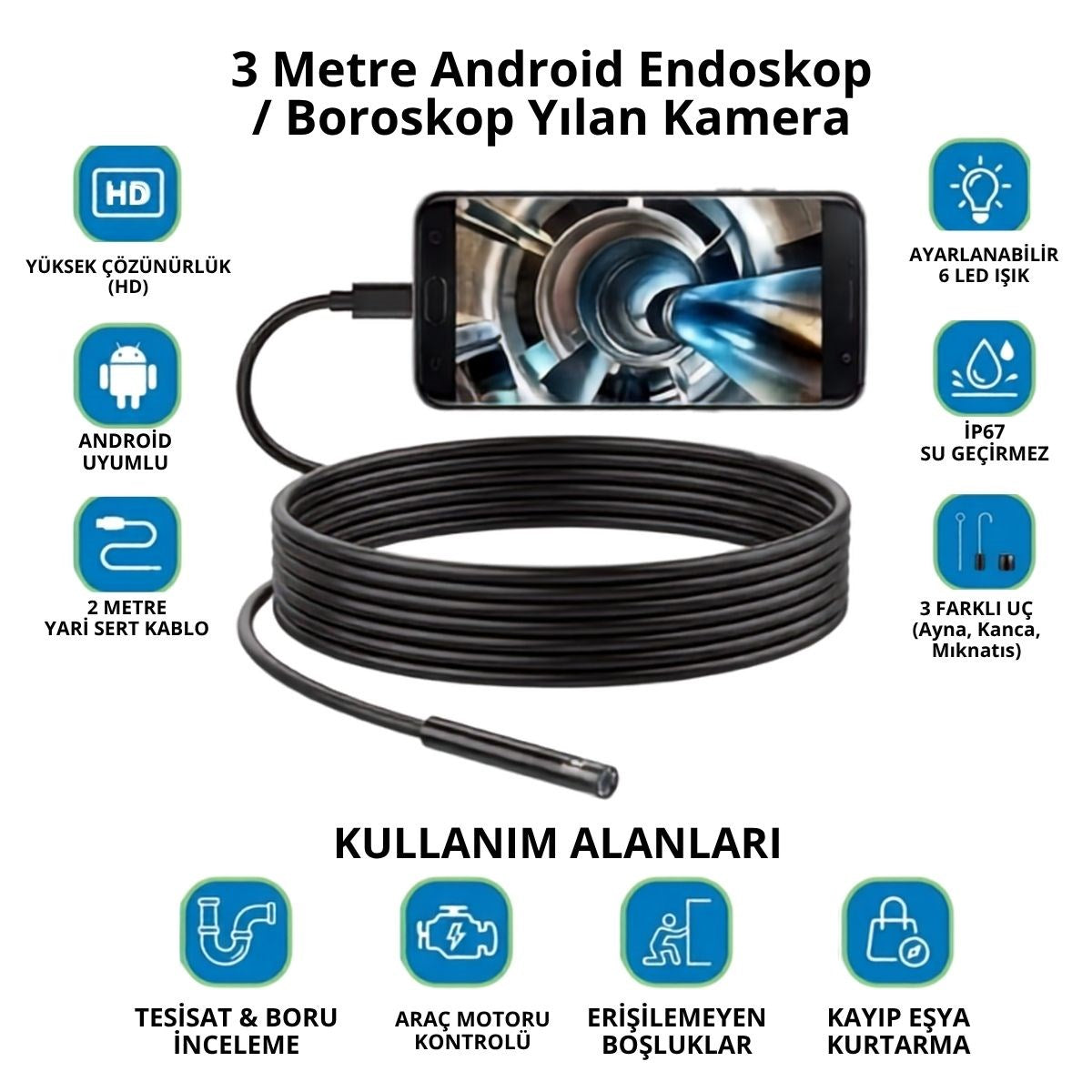 3 Metre Android Telefon Uyumlu 6 LED Işıklı Su Geçirmez Endoskop / Boroskop Yılan Kamera HD (5643)