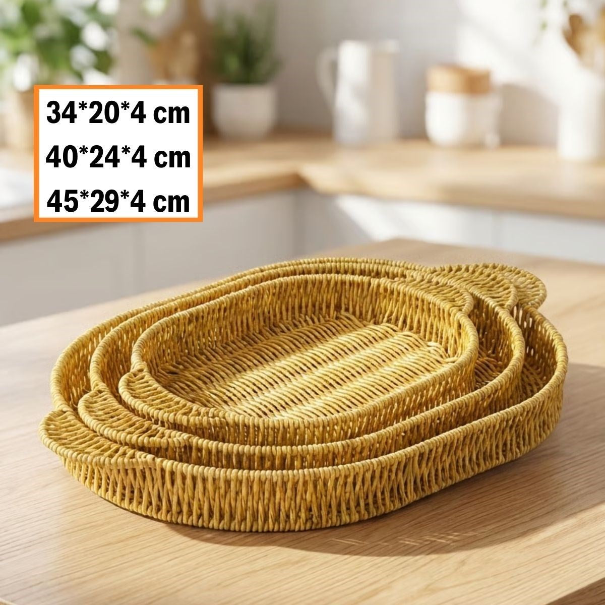 BUFFER® İç İçe Geçebilen 3’lü Oval Plastik Rattan Tepsi Seti–Hasır Görünümlü Çok Amaçlı Servis ve Sunum Tepsileri