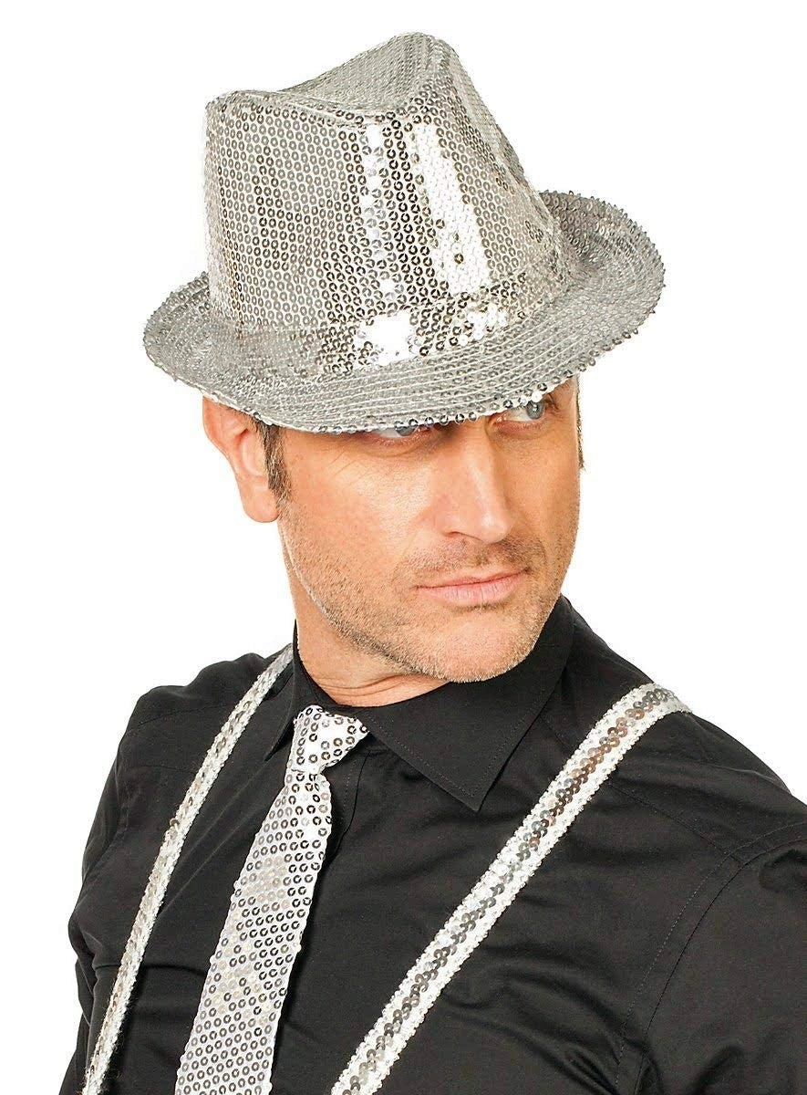 Disko Star Gümüş Payetli Fötr Şapka Yetişkin Boy