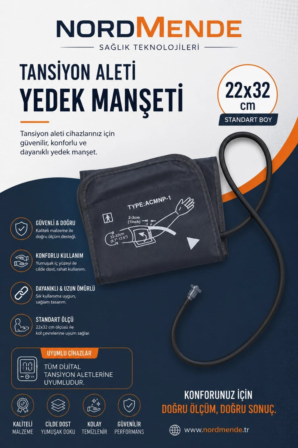 NORDMENDE Dijital Tansiyon Aleti Manşeti 22-42 cm Evrensel Yedek Kol Manşeti Tüm Dijital Tansiyon Aletleri ile Uyumlu