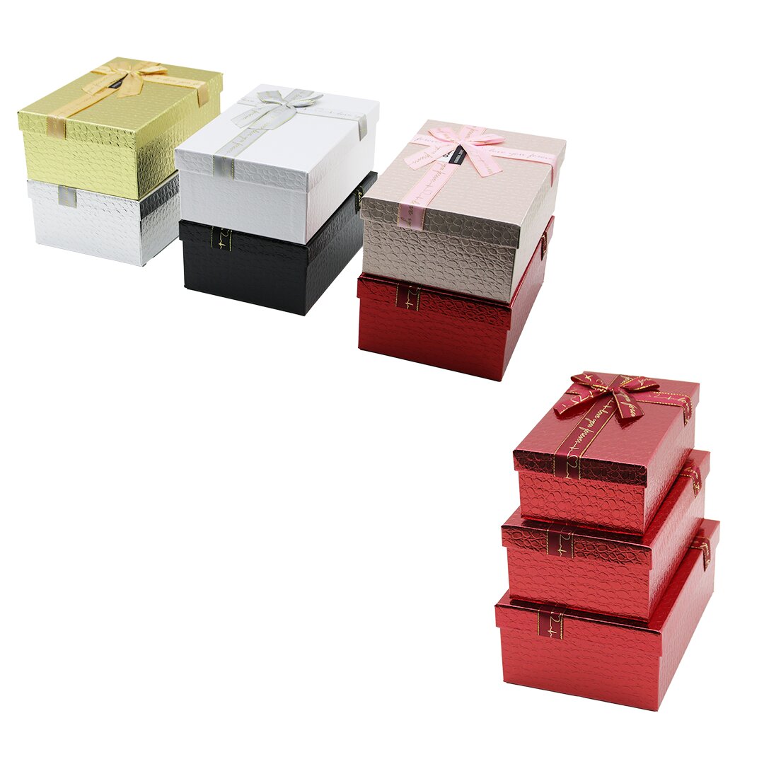 3PCS D.DÖRTGEN PARLAK MİX RENKLİ - KABARTMA DESEN KARTON HEDİYE KUTUSU KURDELALI 22.5X15.5-20.5X13.5-18.5X11.5CM (5643)