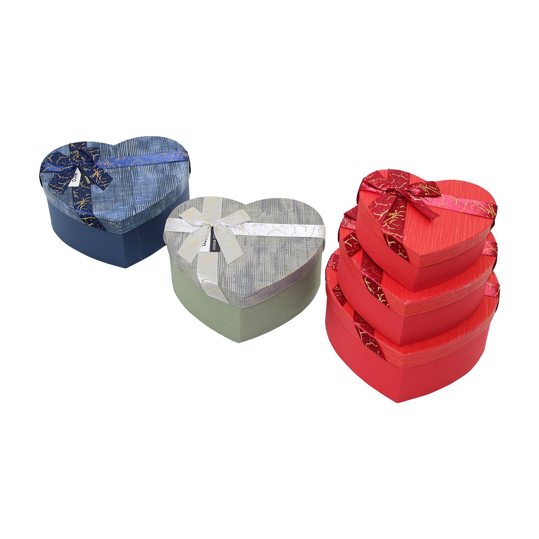 3PCS KALP ÇİZGİLİ MİX RENKLİ - KABARTMA DESEN KARTON HEDİYE KUTUSU KURDELALI 22X20-19X17-16X14CM (5643)