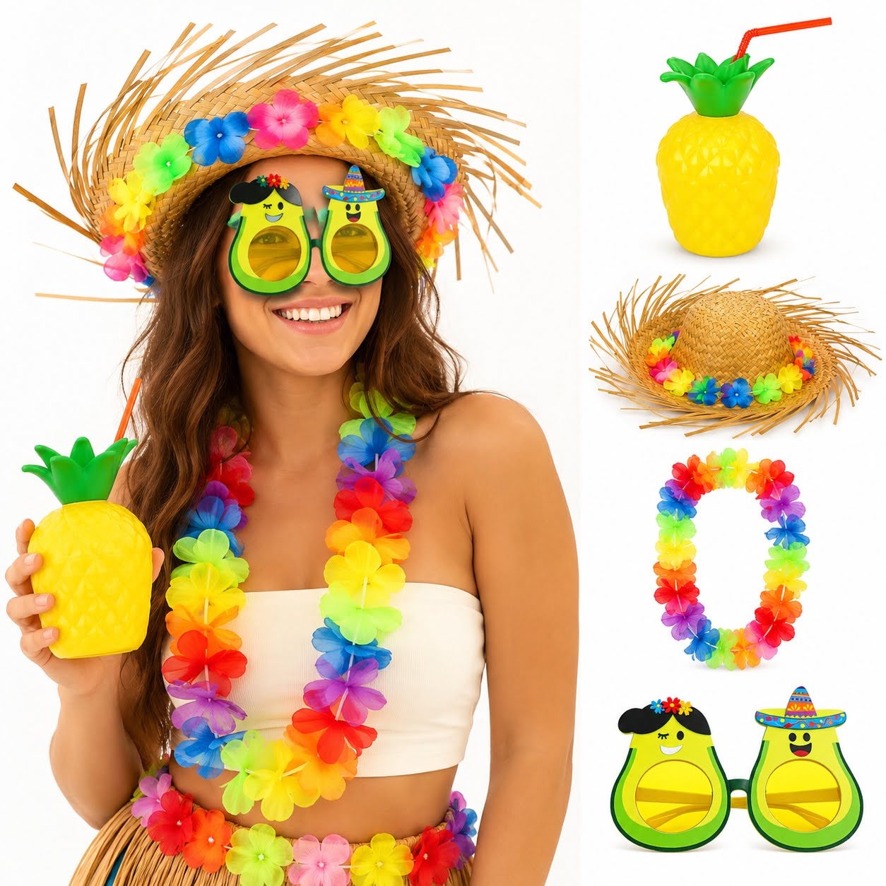 4 Parça Hawaii Parti Seti Ananas Bardak Hasır Şapka Avokado Gözlük Çiçek Kolye (5643)
