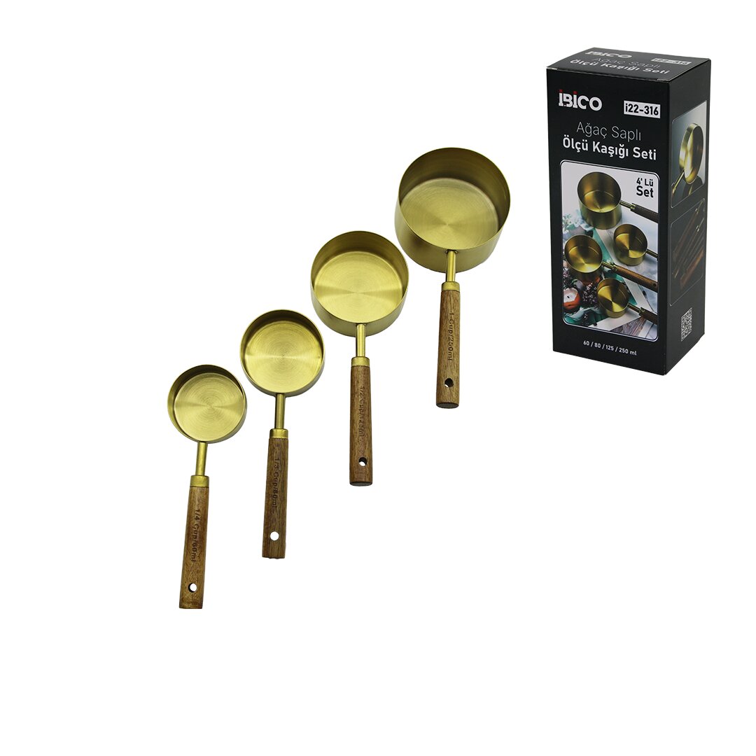 4 PCS GOLD METAL ÖLÇÜ KAŞIK SETİ OTANTİK AĞAÇ KULP 250ML - 125ML - 80ML - 60ML (5643)