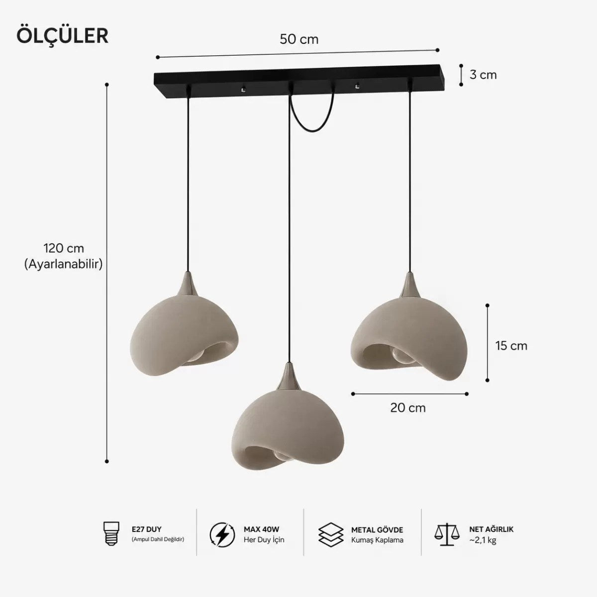 Beton Görünümlü 3d Pla Plastik İskandinav Tarz Sarkıt Avize – Salon Ve Cafe İçin 61-70 Cm Beyaz
