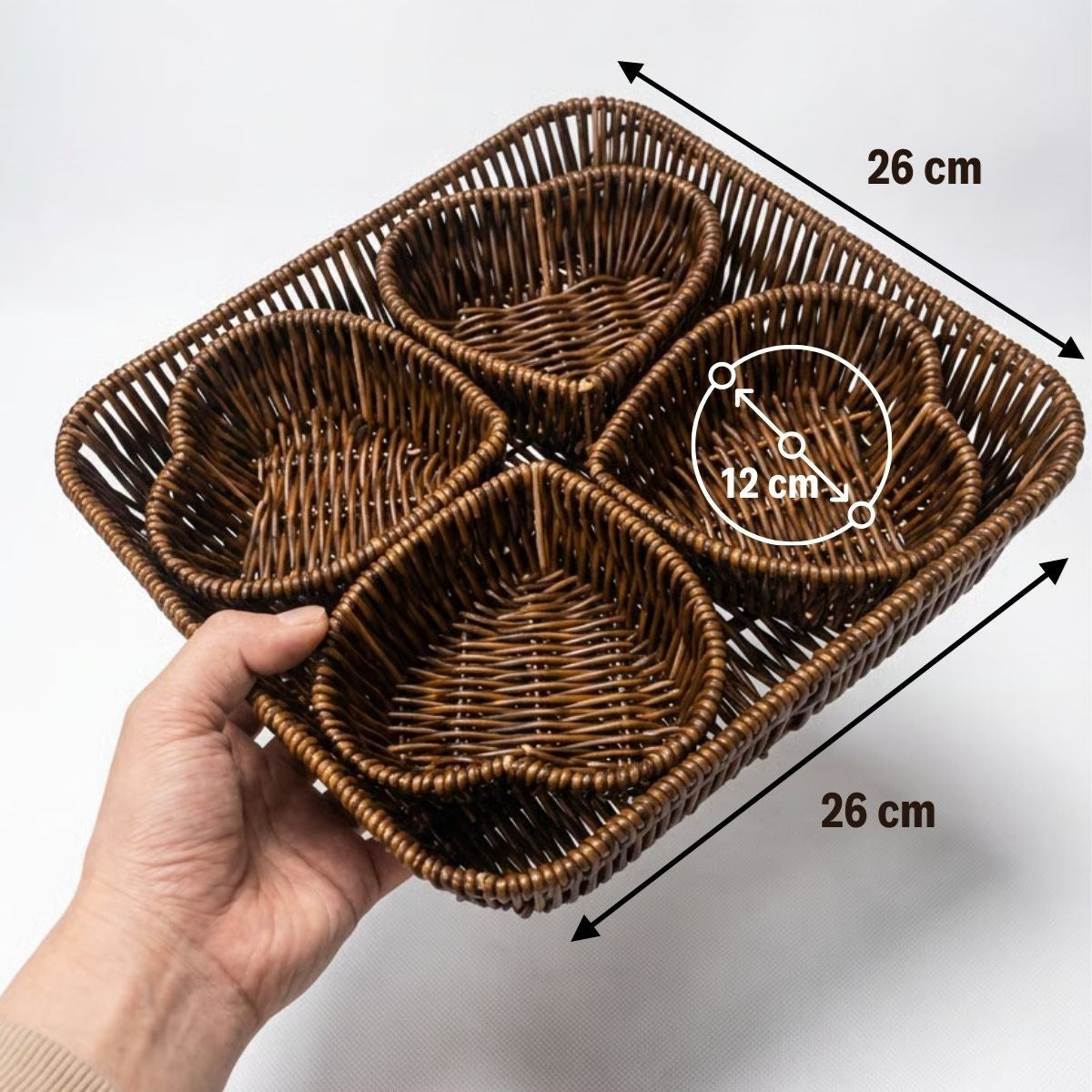 5 Parça,4 Kalp Formlu Plastik Rattan Sunum ve Kahvaltı Seti-Bölmeli Çerezlik ve Meyvelik-Doğal Hasır Görünümlü Tepsi ve Sunum Tabakları (5643)