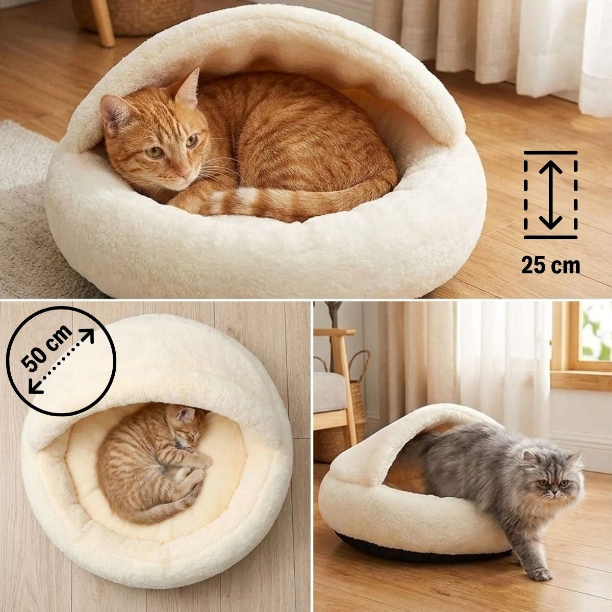 BUFFER® Yarı Açık Yuvarlak Peluş Kedi ve Köpek Yatağı – Kaymaz Taban Tüylü Pet Pufu,Uyku Minderi