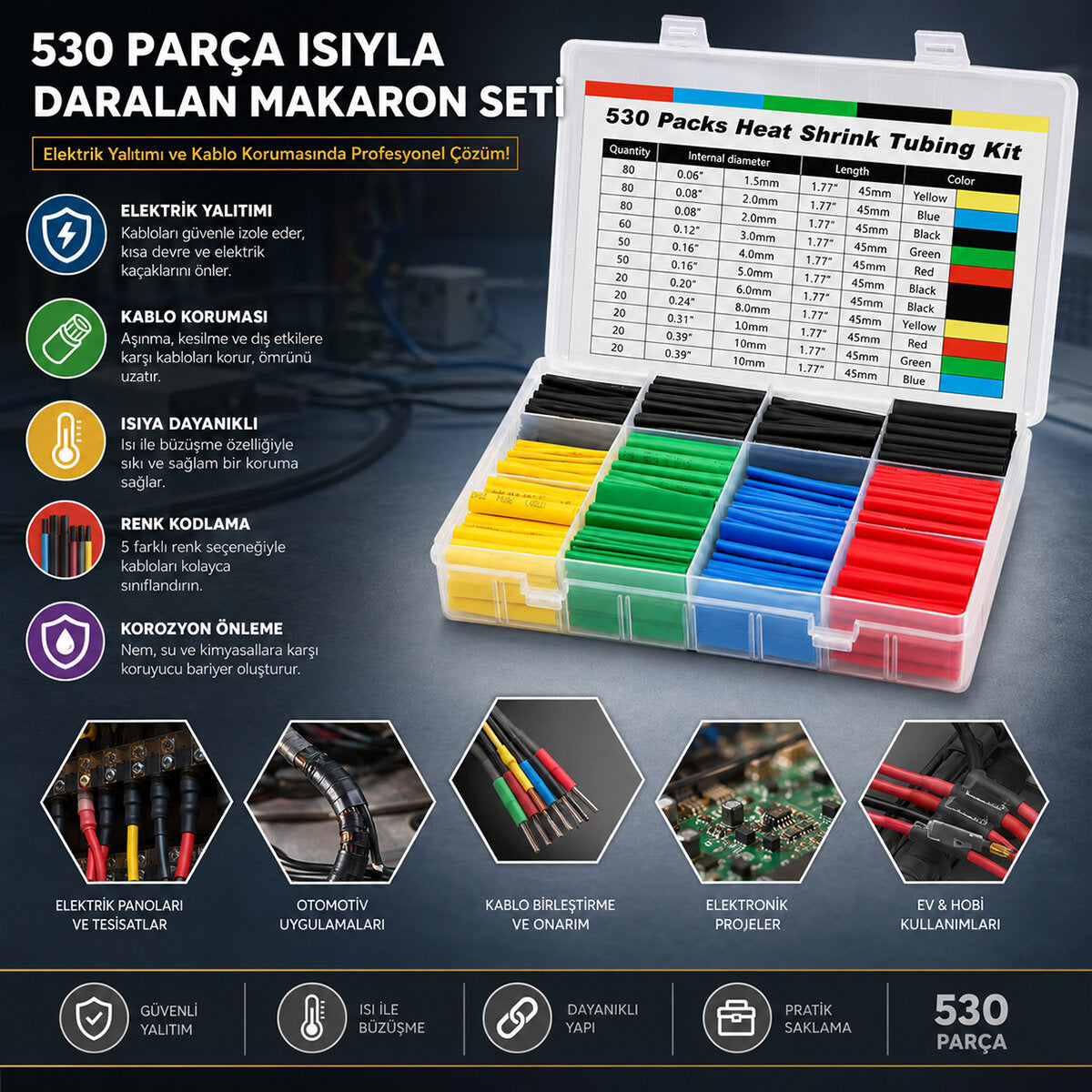 530PCS MAKARON KABLO TAMİR SETİ ISIYLA BÜZÜŞMELİ DARALAN HORTUM (5643)