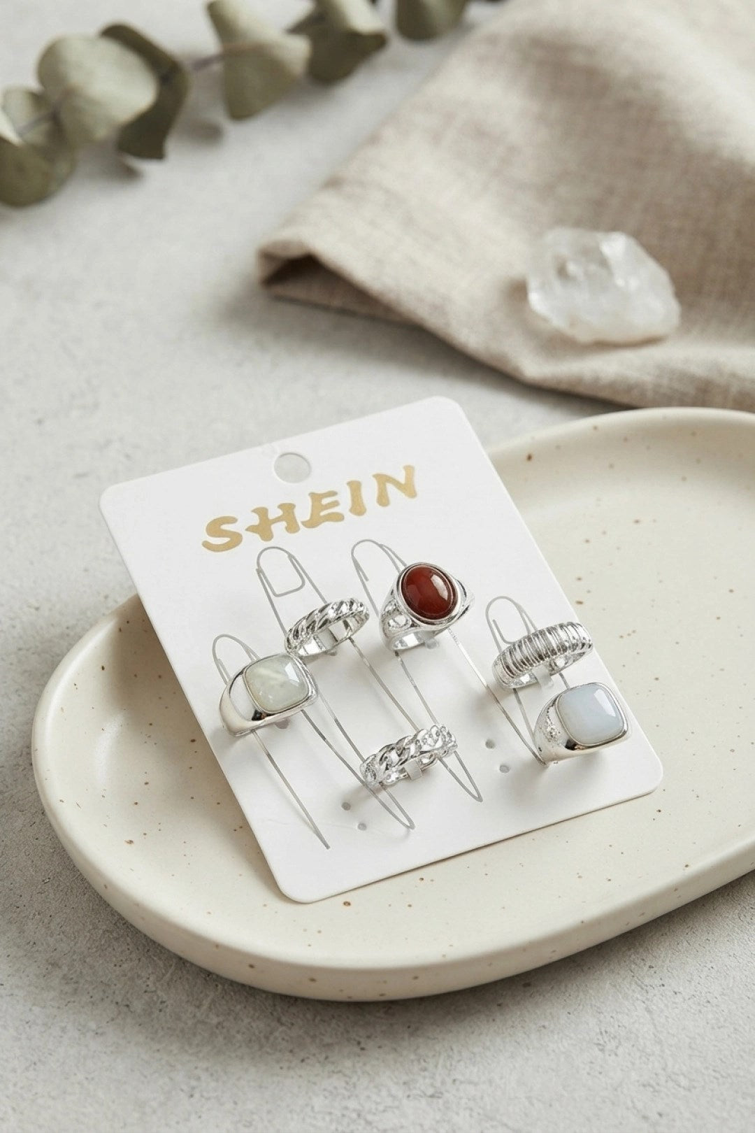 Gümüş Renk Pirinç Taş Detaylı Bohem Yüzük Kombini BYK4279