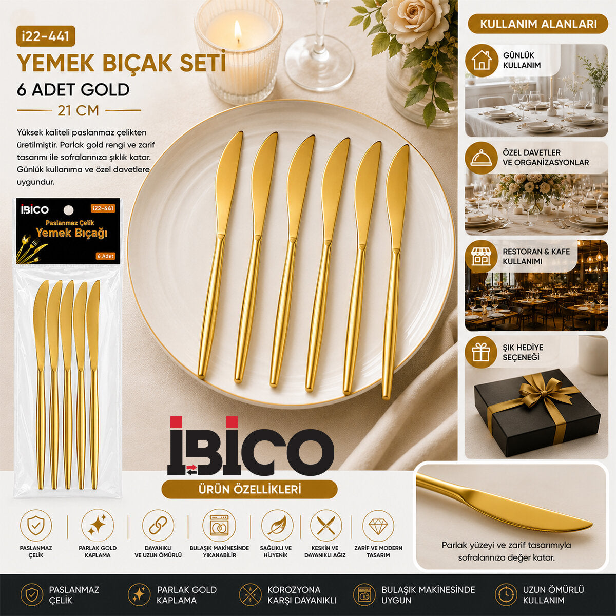60 PARÇA GOLD YEMEK BIÇAK SETİ 21CM - 1 PAKET İÇİNDE 6 ADET VARDIR - 10 PAKET GÖNDERİLİR (5643)