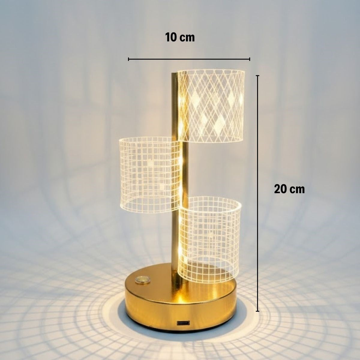 BUFFER® 3 Parça Silindirik Kristal Ekose Kareli LED Masa Lambası – Gold Gövdeli, Dokunmatik, 3 Kademe Işık Ayarlı Şarjlı Dekoratif Lamba