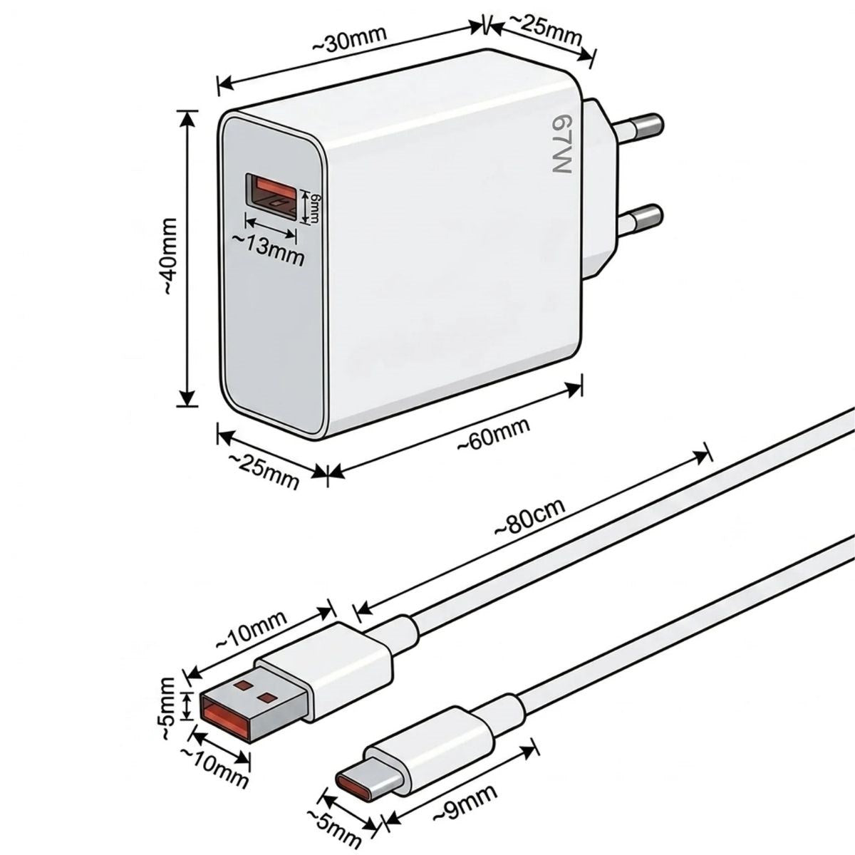 67W Hızlı Şarj Adaptörü USB to Type-C – PD Destekli, Akıllı Hızlı Şarj Başlığı, Güvenli Güç Adaptörü (5643)