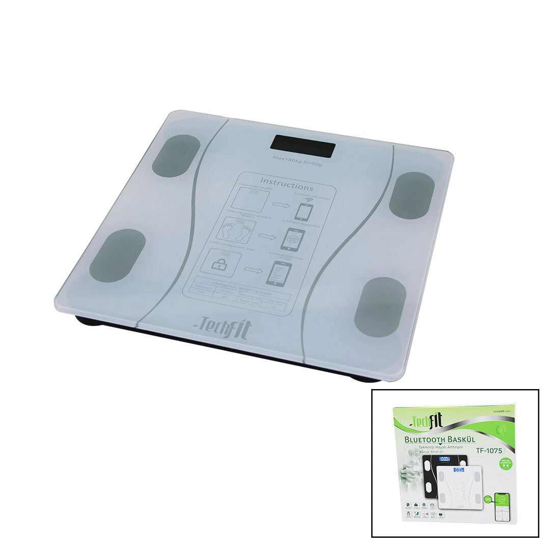 Bluetooth Vücut Analizli Dijital Baskül Terazi 180kg/50g Yağ -su -kas Oran -bmı -oda ℃ Tf-1075