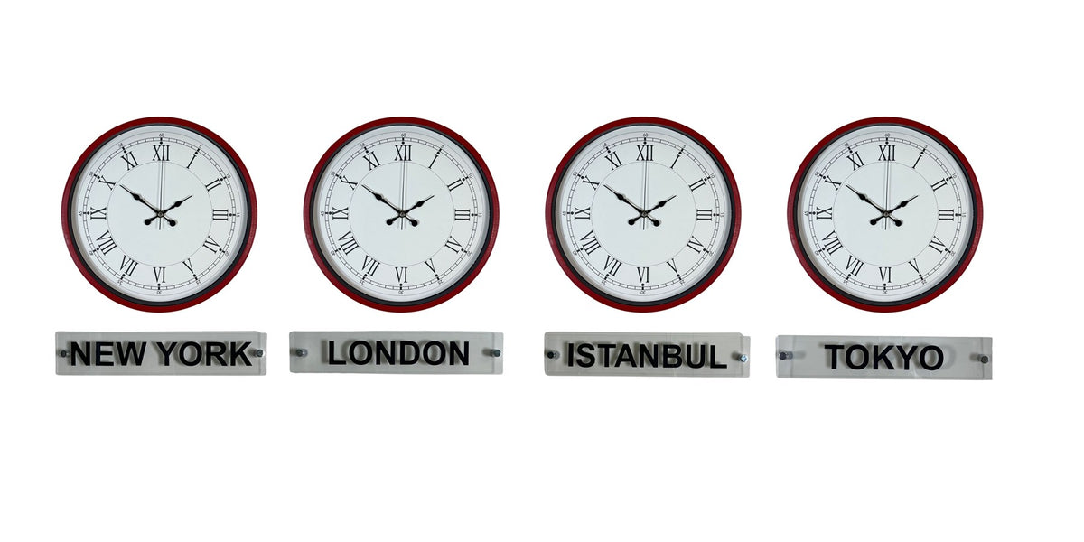 Kırmızı Klasik 36 Cm 4 lü Tabelalı Dünya Saatleri
