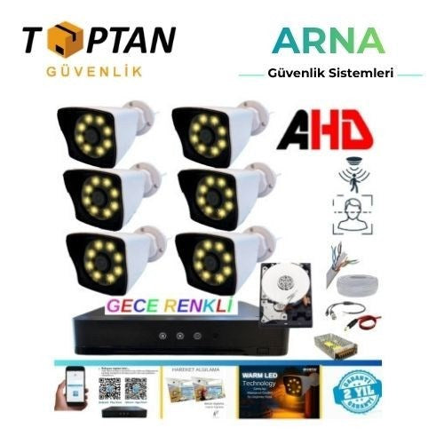 6 Kameralı 5mp Lens 1080P Warm LED Gece Renkli 1 Tb HDD Dahil Güvenlik Seti