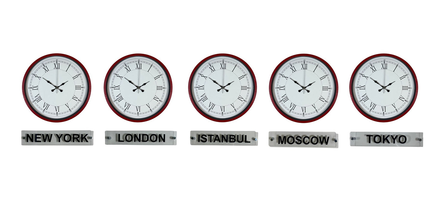 Elite Kırmızı 36 Cm 5 li Tabelalı Dünya Saatleri