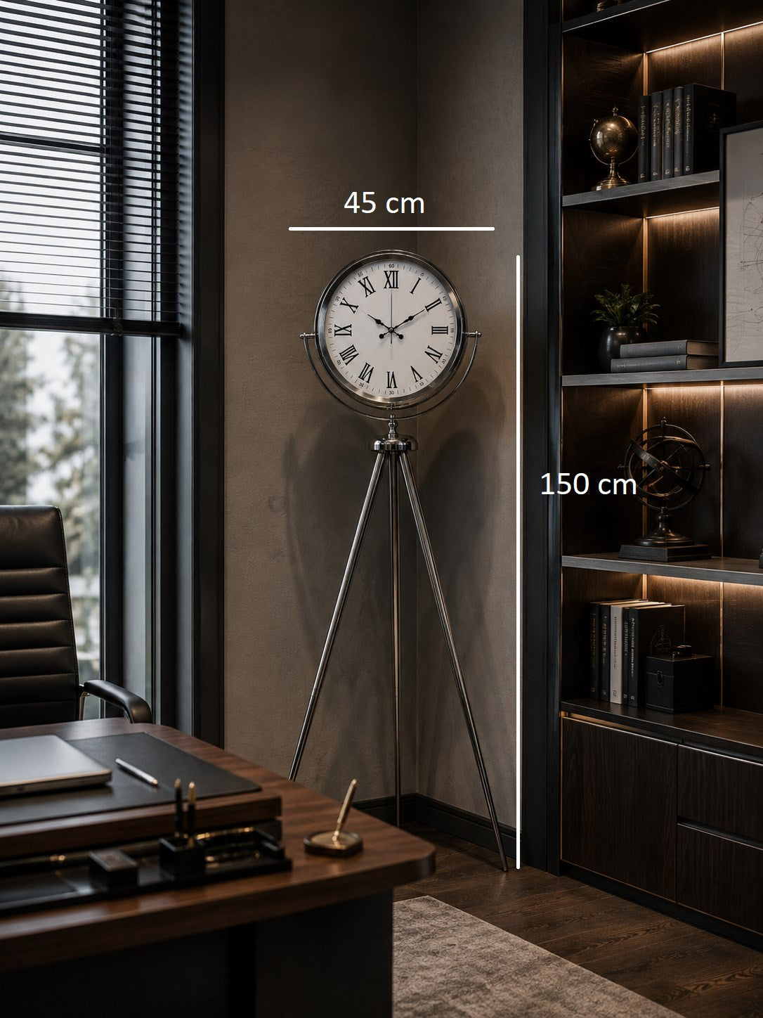 Krom Roma Rakamlı 150 x 45 Cm Metal Tripod Ayaklı Saat