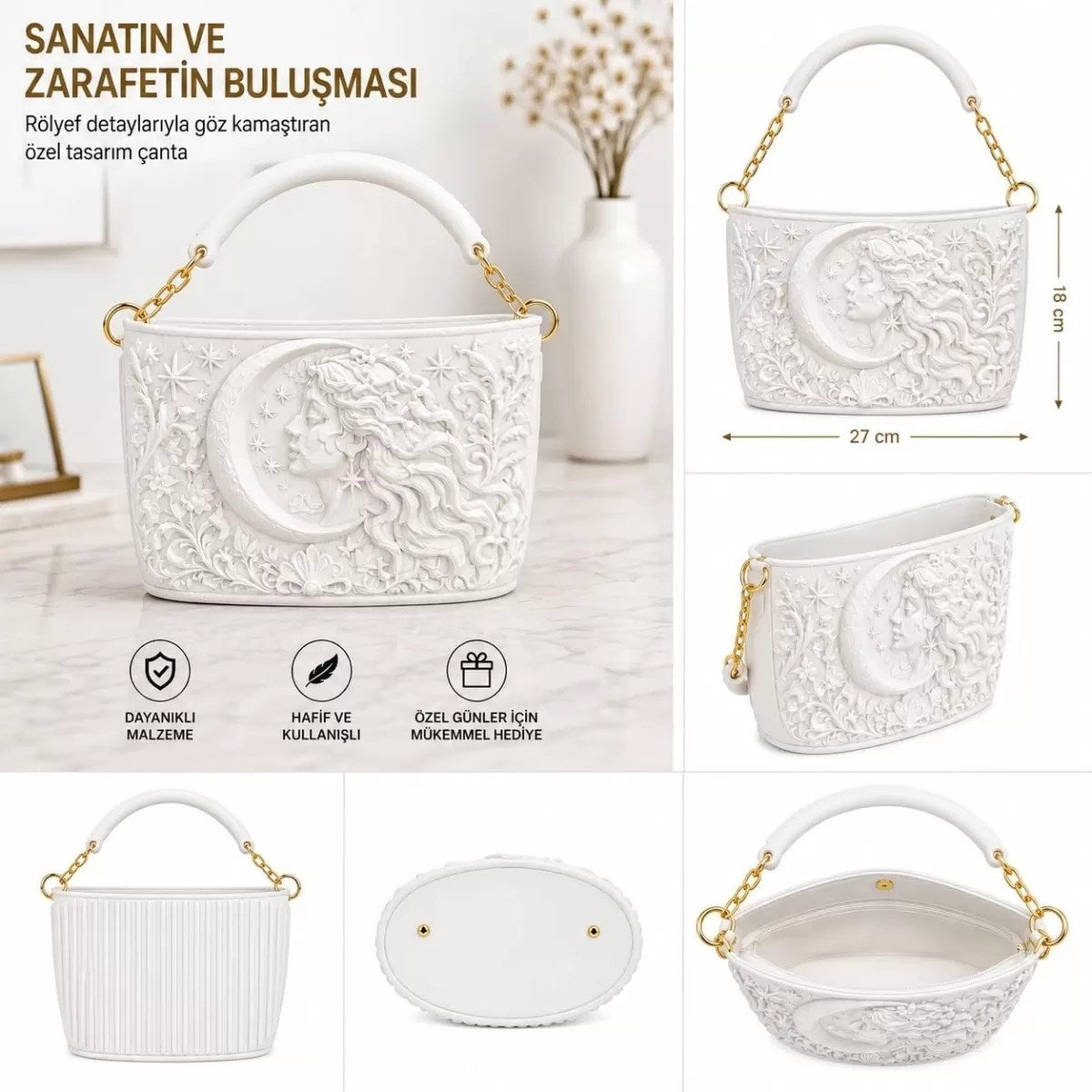 Selene Pearl Antik Dönem 3d Tasarım Omuz Çantası Beyaz
