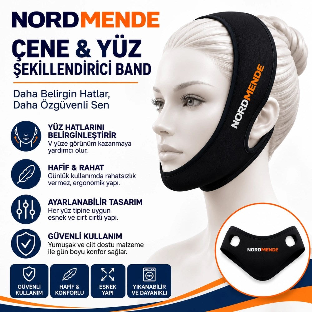 NORDMENDE Çene ve Yüz Şekillendirici Band - Ayarlanabilir V-Line Yüz Toparlayıcı Band - Cırt Cırtlı Esnek Yüz Bandı - Siyah