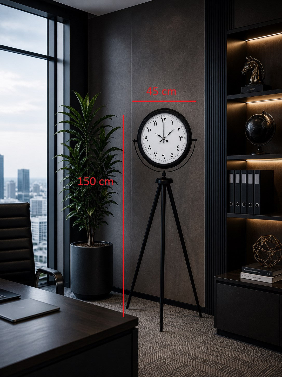 Siyah Arap Rakamlı Sıradışı Tasarım Tripod Ayaklı Saat