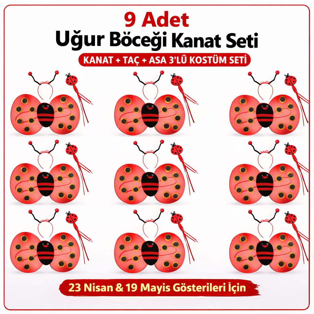 9’lu Uğur Böceği Ateş Böceği Kostüm Seti – Kanat Taç Asa (5643)