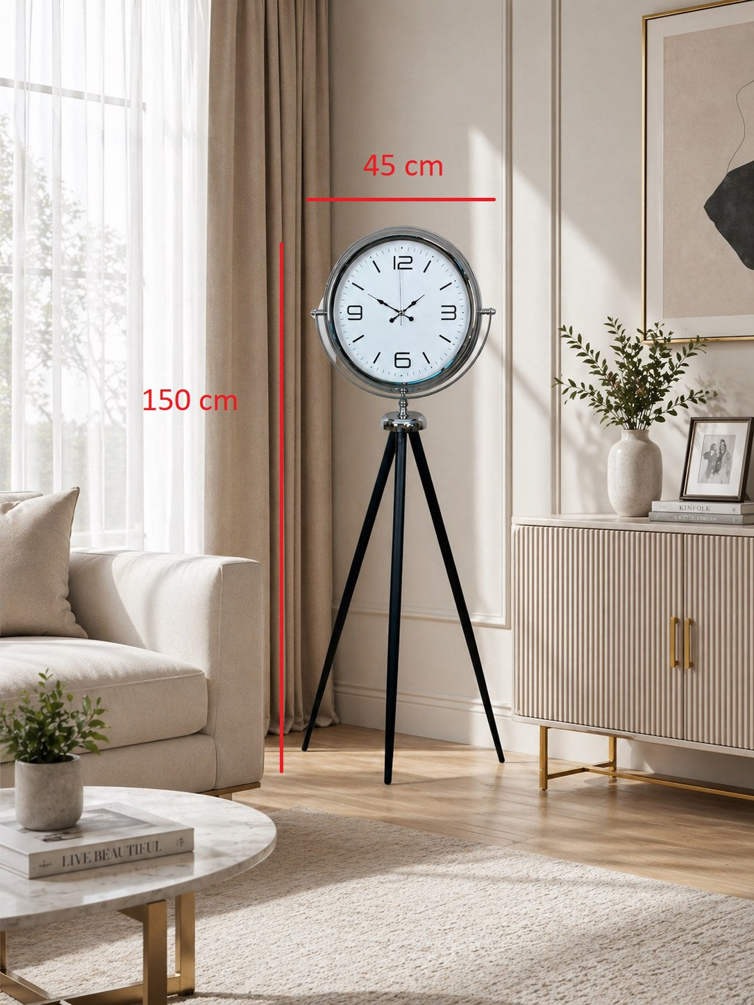 Markasız - Duvar Saati - ⏱️ Krom Tripod Ayaklı Dekoratif Saat – 150 × 45 cm (Beyaz Kadran) Mode
